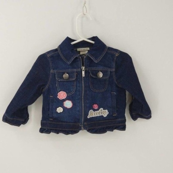 Lucky Brand Zip Up Jean Jacket with Flower Embroidery Blue Toddler Size 12M - Picture 1 of 6